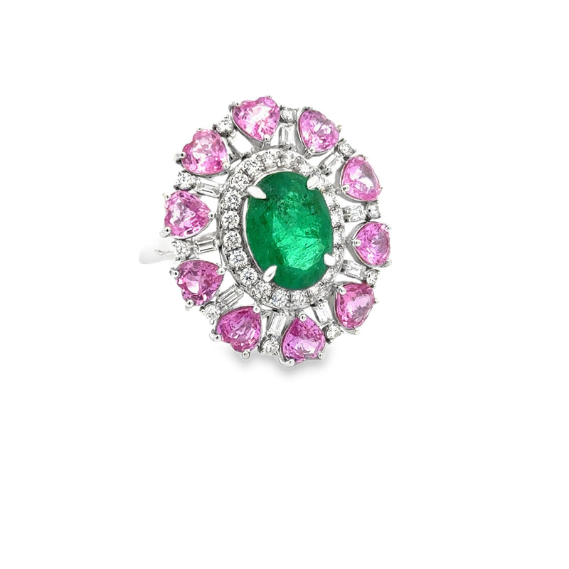 Estate Modern Emerald, Pink, Sapphire, Diamond 18Kt White Gold Ring — scale view