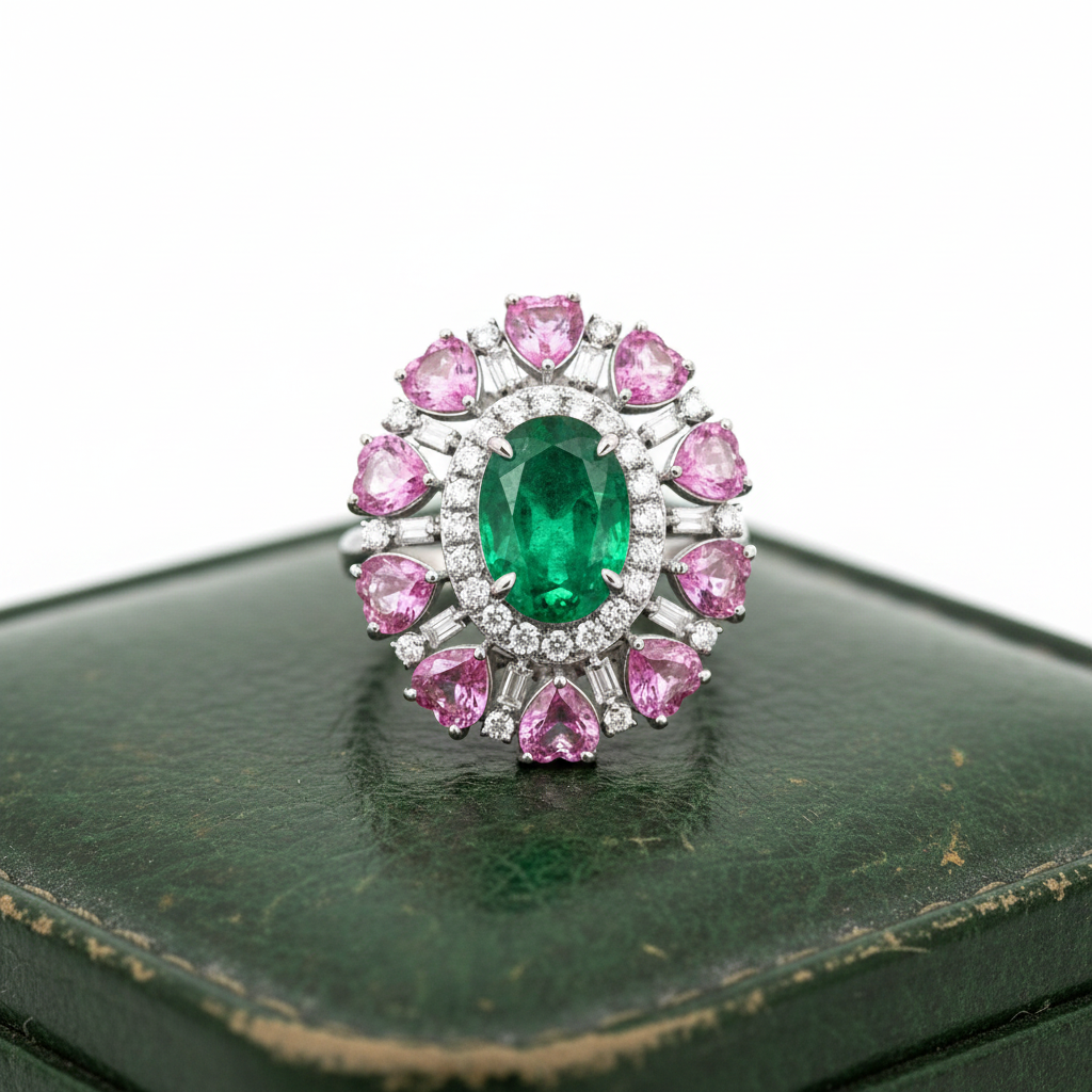 Estate Modern Emerald, Pink, Sapphire, Diamond 18Kt White Gold Ring