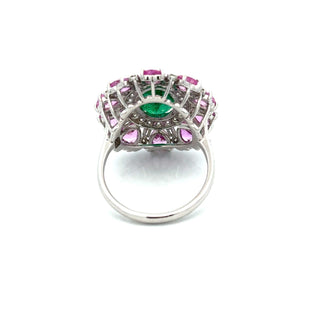Estate Modern Emerald, Pink, Sapphire, Diamond 18Kt White Gold Ring — alternate view