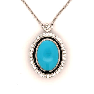 Estate Modern Diamond, Turquoise & Black Enamel 14Kt White Gold Necklace — reverse view