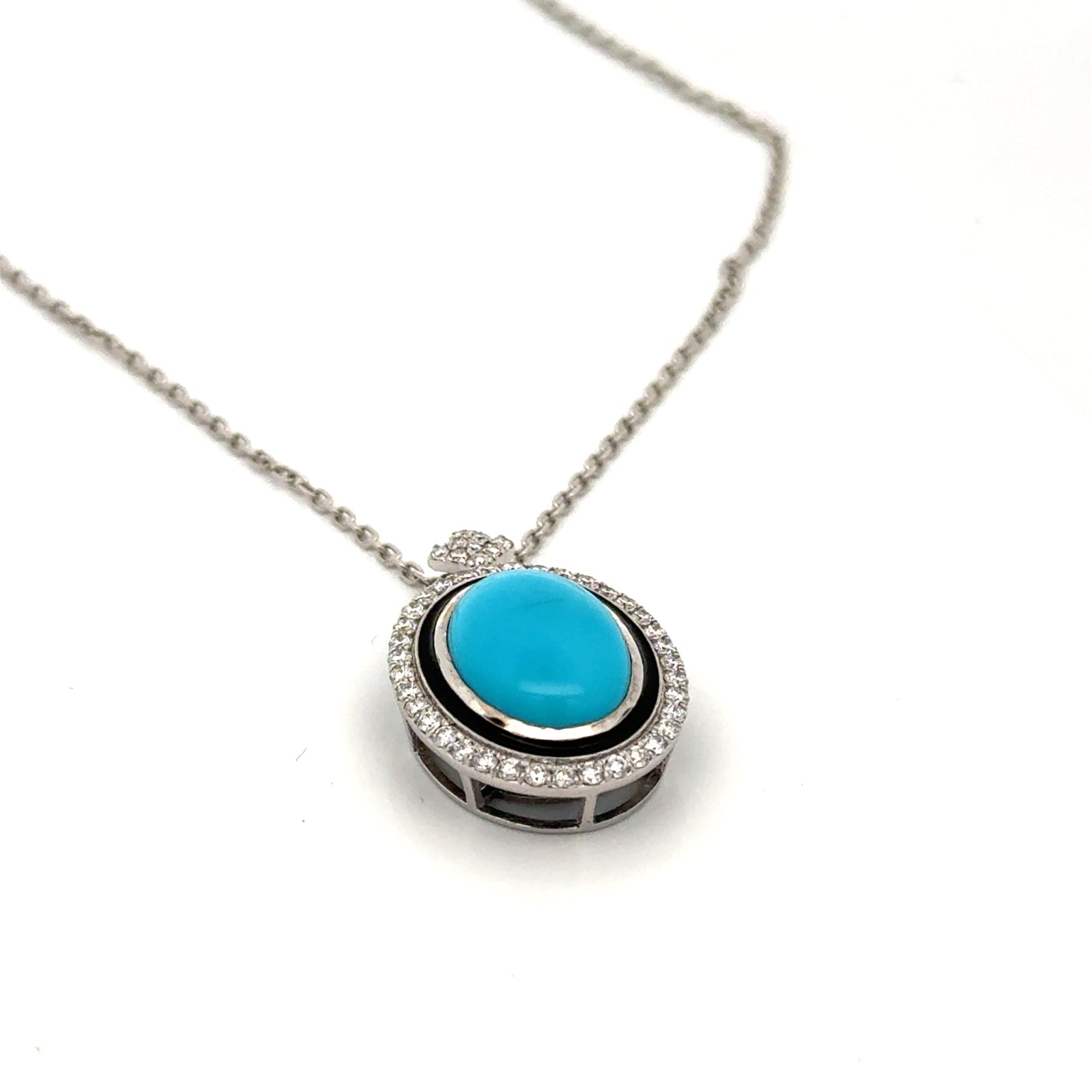 Estate Modern Diamond, Turquoise & Black Enamel 14Kt White Gold Necklace — detail view