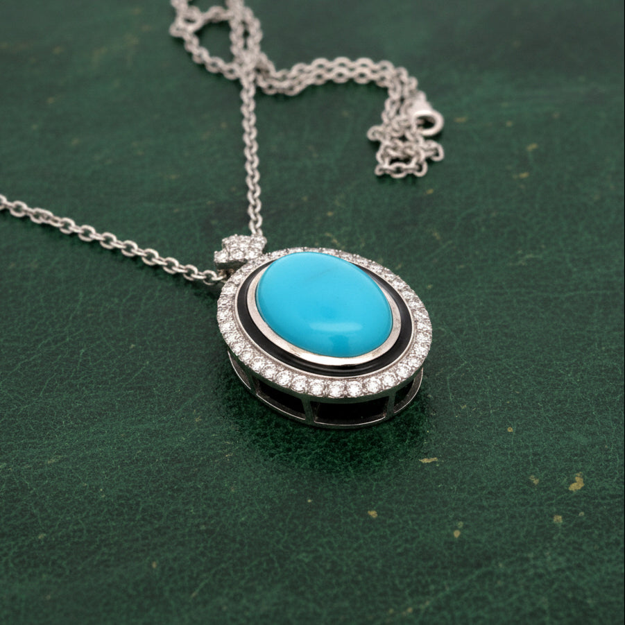 Estate Modern Diamond, Turquoise & Black Enamel 14Kt White Gold Necklace
