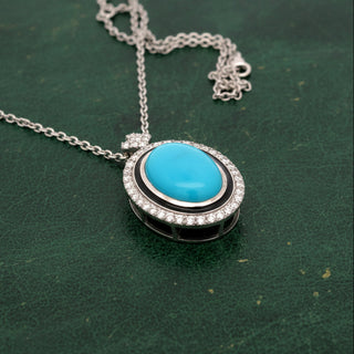 Estate Modern Diamond, Turquoise & Black Enamel 14Kt White Gold Necklace