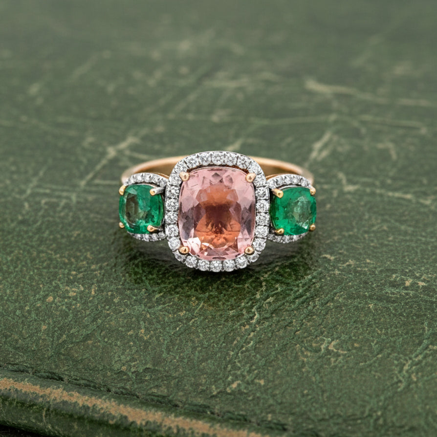 Estate Modern Emerald Pink Tourmaline, Diamond 18K Yellow Gold Ring