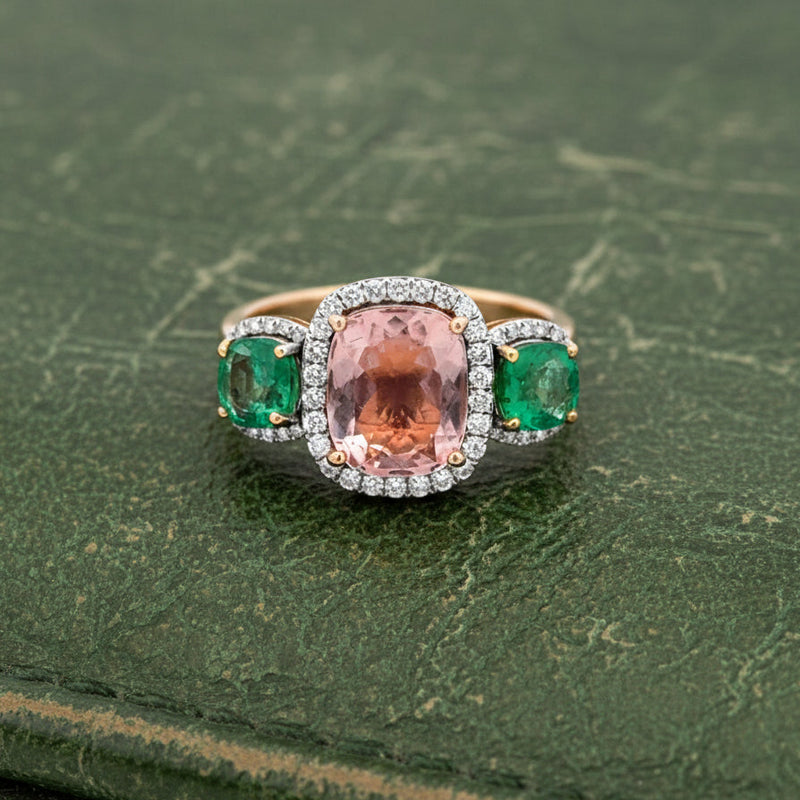 Estate Modern Emerald Pink Tourmaline, Diamond 18K Yellow Gold Ring