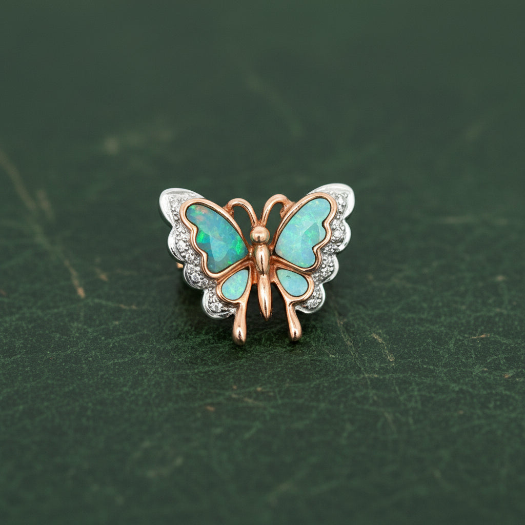 Estate Modern Inlay Opal and Diamond 14Kt White/Yellow Gold Pendant