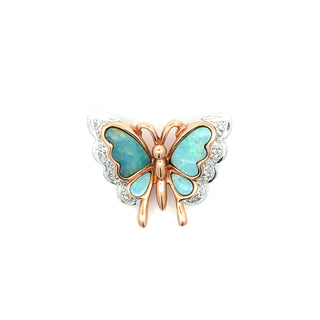 Estate Modern Inlay Opal and Diamond 14Kt White/Yellow Gold Pendant — scale view