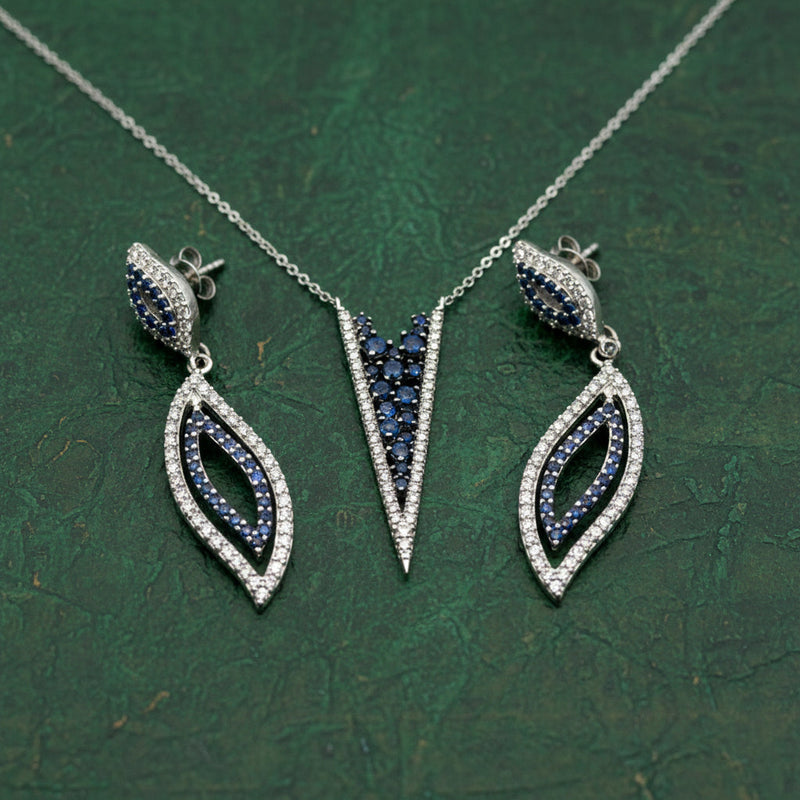 Estate Modern Gabriel & Company Diamond & Sapphire 14Kt White Gold Necklace & Earring Set