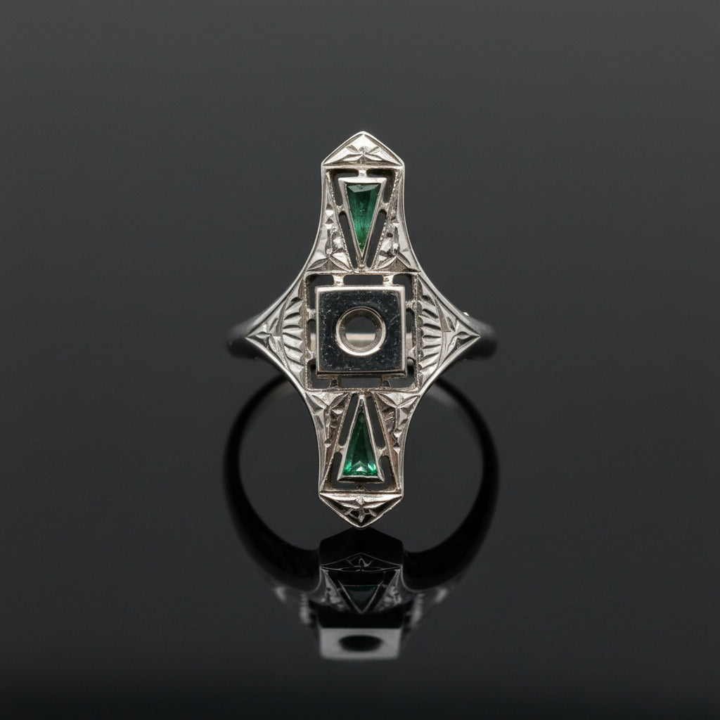 Estate jewelry — An Emerald Semi-Mount, Trillion-Cut, in White Gold, trillion-cut emerald semi-mount in 18K white gold