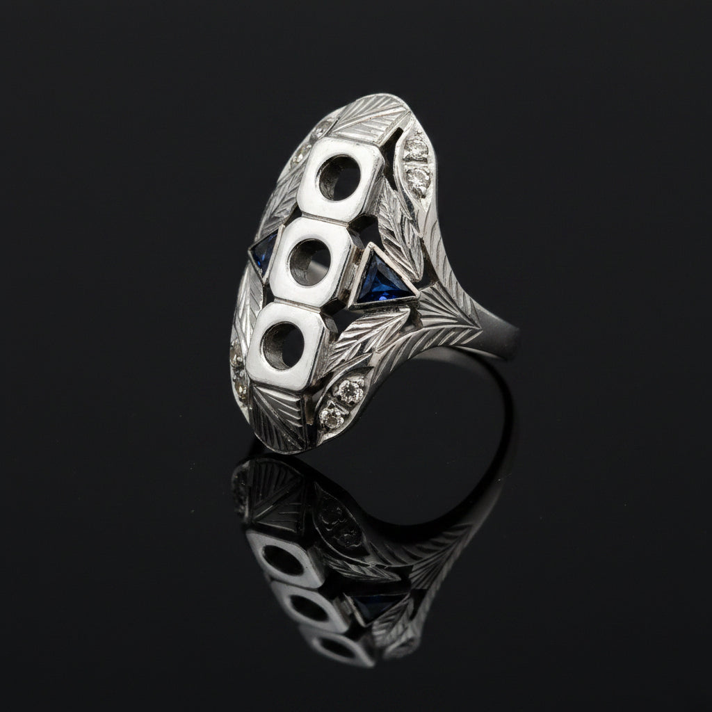 Estate jewelry — A Sapphire and Diamond Semi-Mount, Trillion-Cut, in White Gold, trillion-cut sapphire and diamond semi-mount in 18K white gold