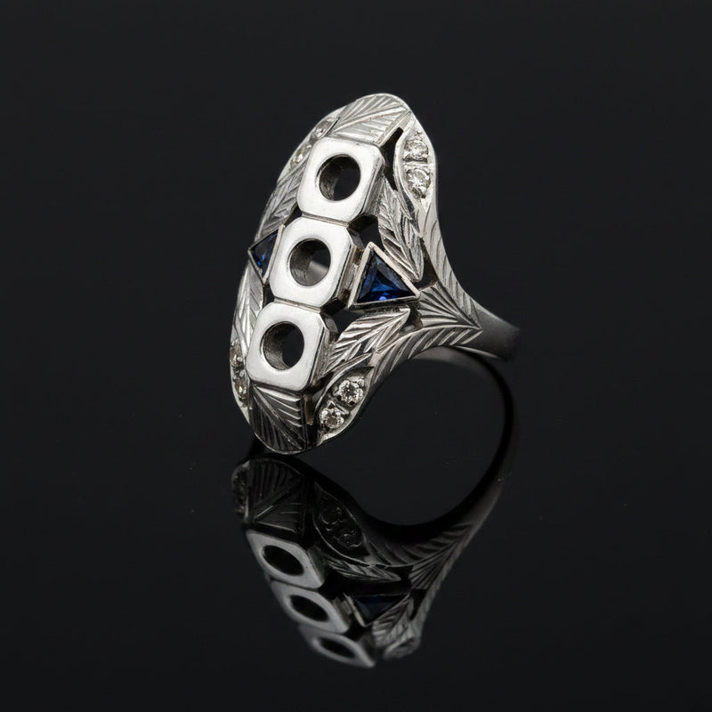 Estate jewelry — A Sapphire and Diamond Semi-Mount, Trillion-Cut, in White Gold, trillion-cut sapphire and diamond semi-mount in 18K white gold
