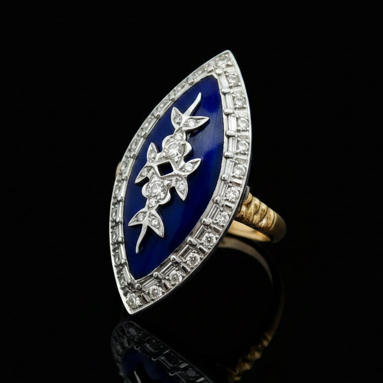 Estate jewelry — Vintage Diamond & Blue Enamel Ring, 0.50 ctw diamond in 18K white and yellow gold