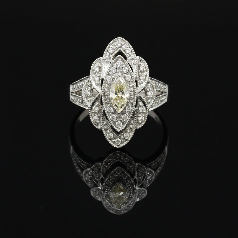 Estate jewelry — A Filigree Ring, Elongated, in White Gold, elongated filigree diamond ring in 14K white gold