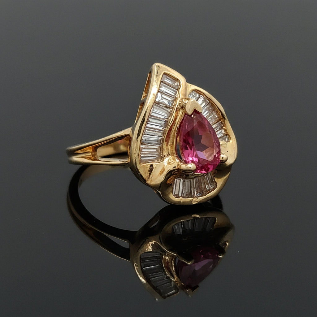 Estate jewelry — A Pink Tourmaline Swirl, in Two-Tone Gold, 0.75 ctw diamonds