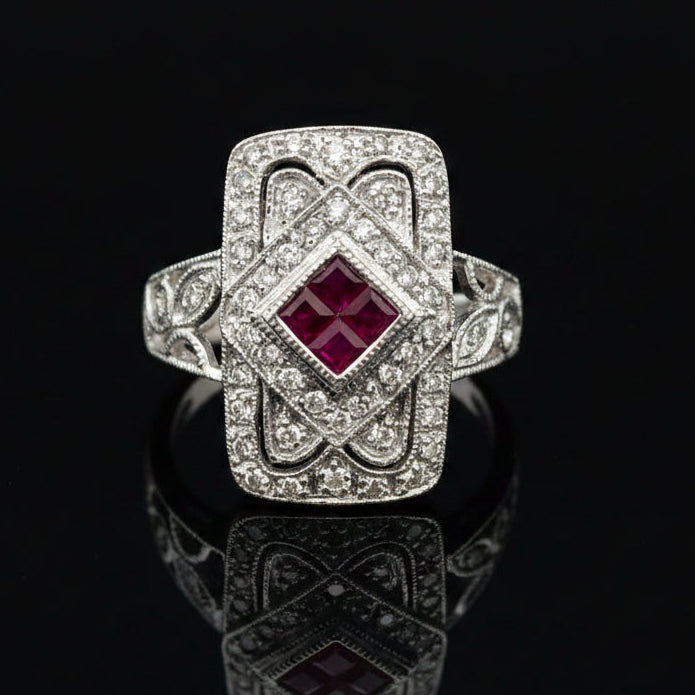 Estate jewelry — A Ruby in Openwork White Gold, 0.40 ctw diamonds
