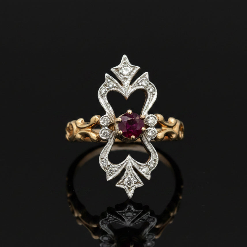 Estate jewelry — A Ruby Halo, in Yellow and White Gold, 0.18 ctw diamonds