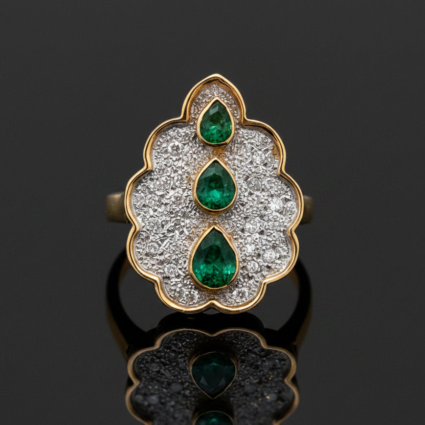 Estate jewelry — Three Emeralds, in a Column of Green, 0.12 ctw diamonds