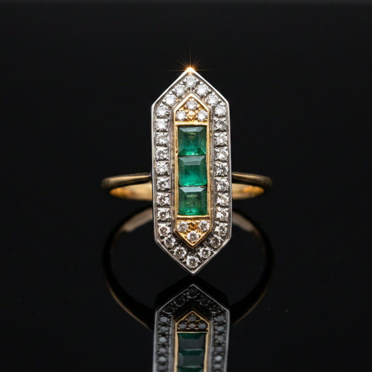 Estate jewelry — Vintage Diamond & Emerald Ring, 0.30 ctw emerald in 14K white and yellow gold