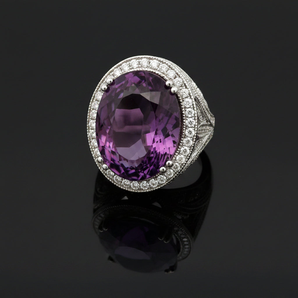 Estate jewelry — Vintage Diamond & Amethyst Ring, 34.67 ct oval amethyst in 14K gold