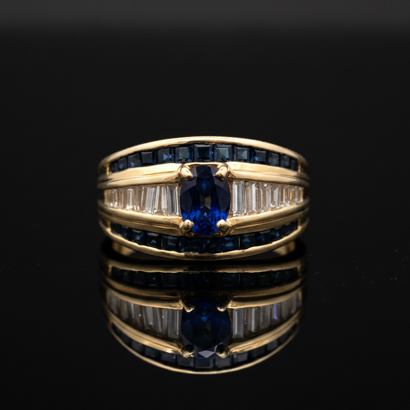 Estate jewelry — A Sapphire and Diamond Ring, in Yellow Gold, sapphire and diamond in 14K yellow gold