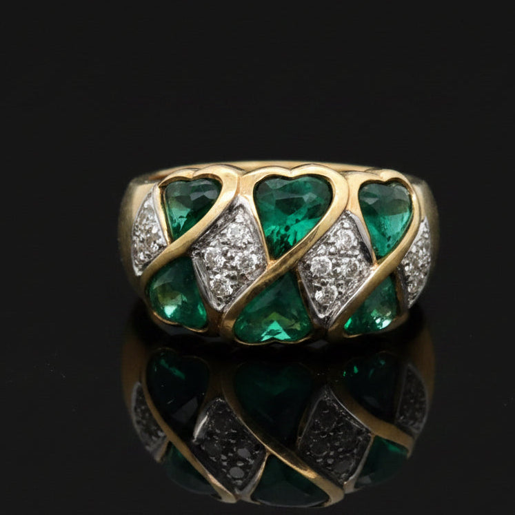 Estate jewelry — Vintage Diamond & Emerald Ring, 2.00 ctw heart-shaped emerald in 14K yellow gold
