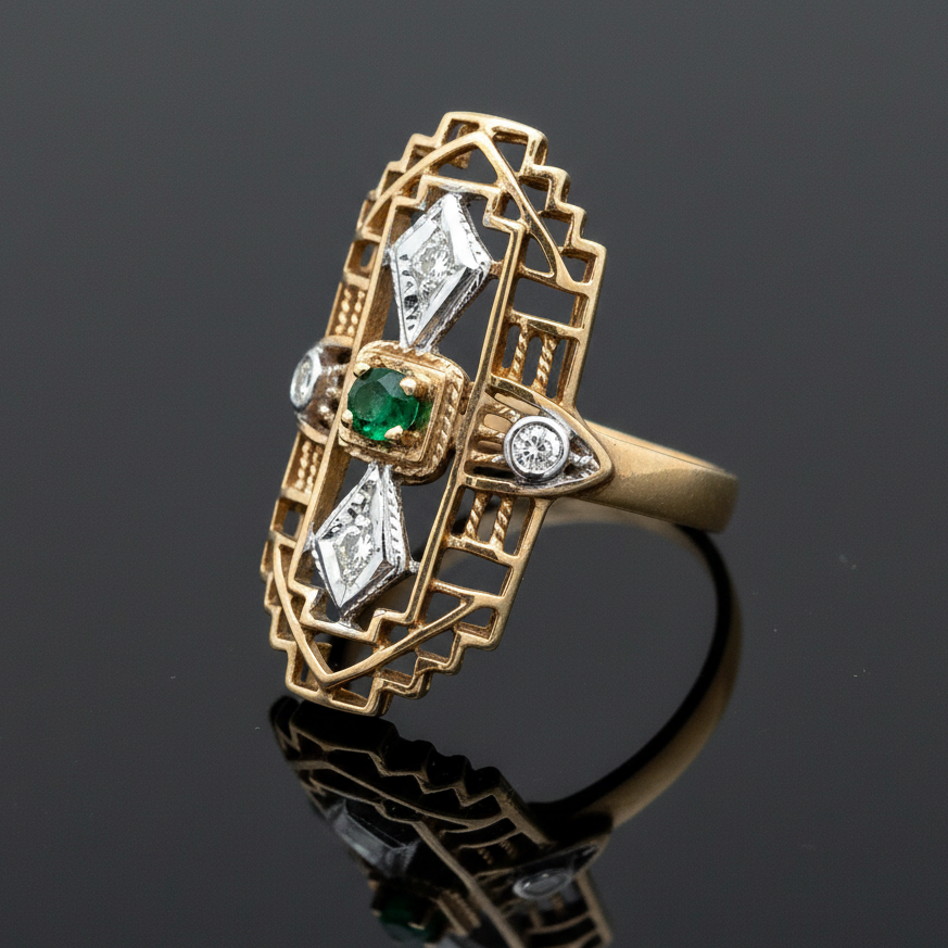 Estate jewelry — Vintage Diamond & Emerald Ring, 0.18 ctw diamond in 14K yellow gold