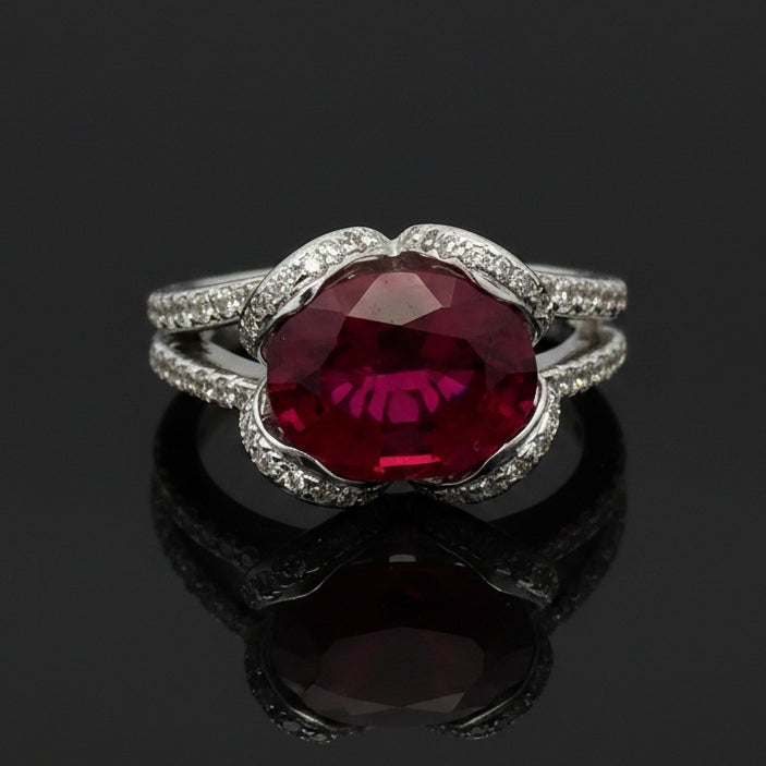 Estate jewelry — Vintage Rubellite & Diamond Ring, 5.01 ct cushion rubellite in 14K white gold