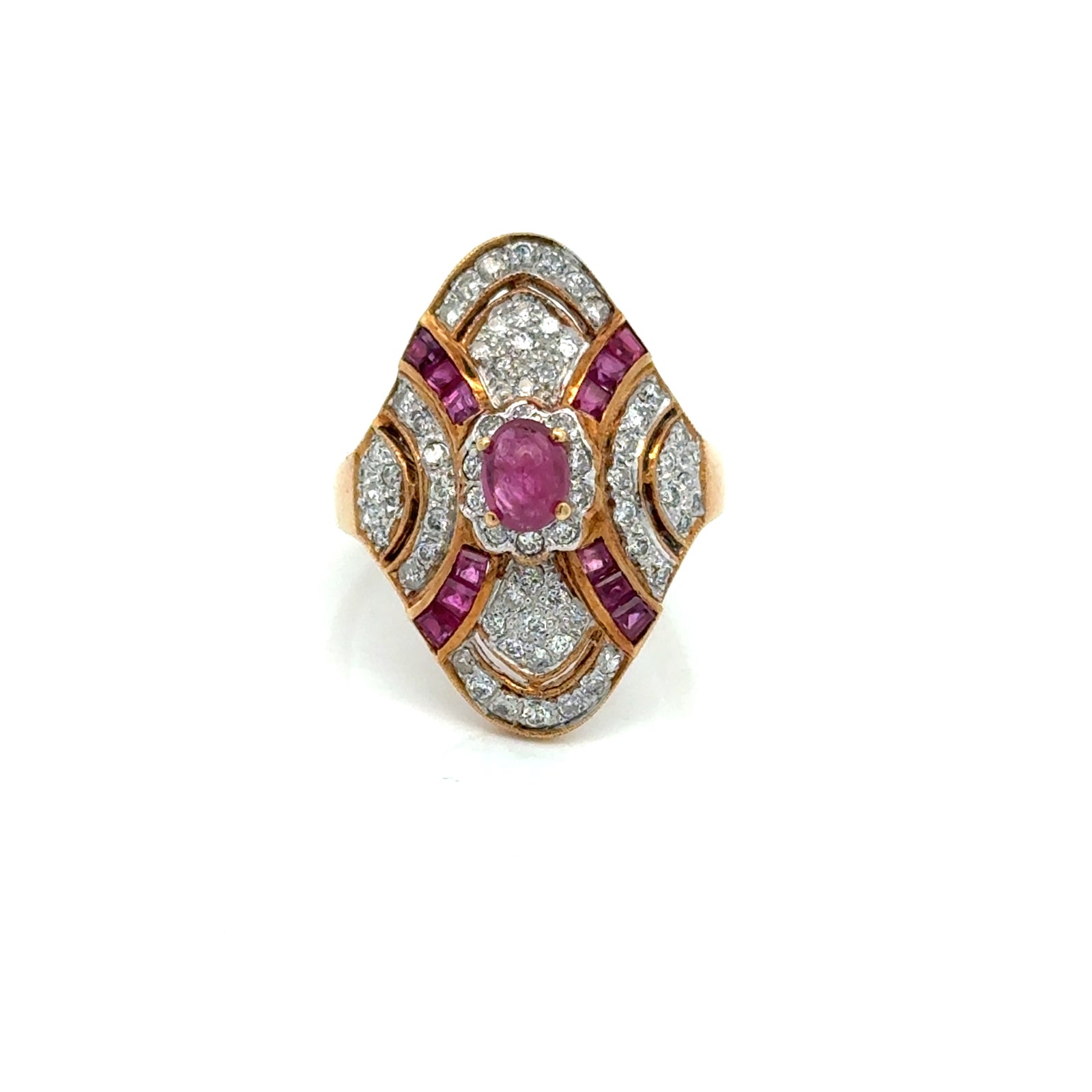 Estate jewelry — A Ruby, Held in Two Golds, ruby and diamond ring in 18K yellow gold, 1.50 cttw rubies