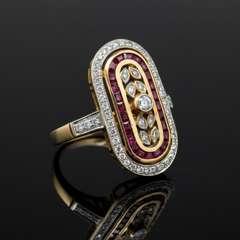 Estate jewelry — Vintage Ruby & Diamond Ring, 1.28 ctw French-cut ruby in 18K two-tone gold