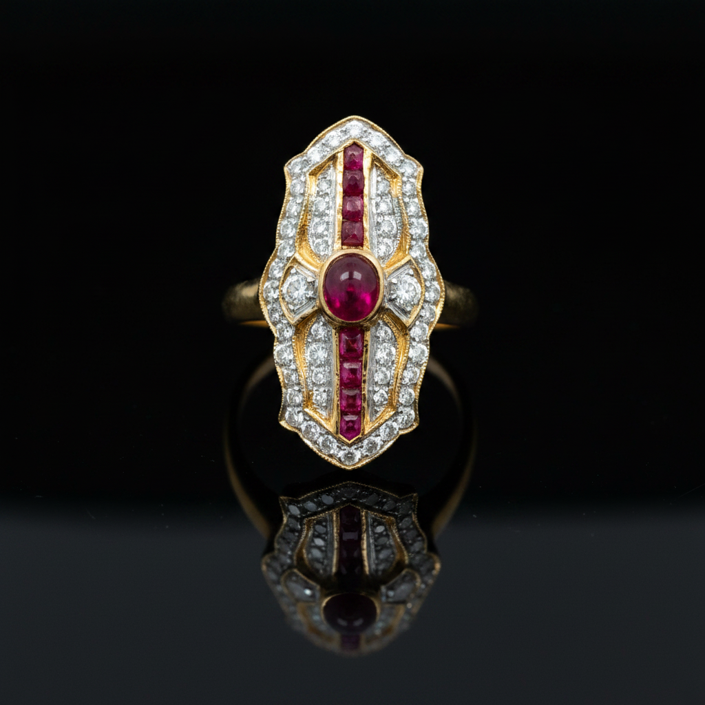 Estate jewelry — A Motif, Bright from Every Angle, ruby and diamond ring in 18K two-tone gold, 0.70 cttw ruby