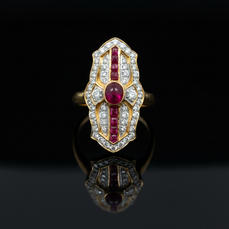 Estate jewelry — A Motif, Bright from Every Angle, ruby and diamond ring in 18K two-tone gold, 0.70 cttw ruby