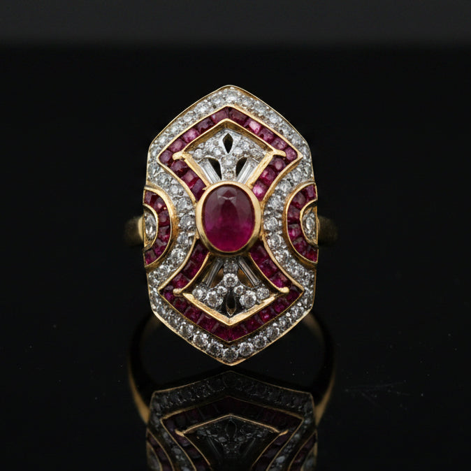 Estate jewelry — A Cocktail Ring, Framed Round, ruby and diamond cocktail ring in 18K yellow gold, 2.98 cttw rubies