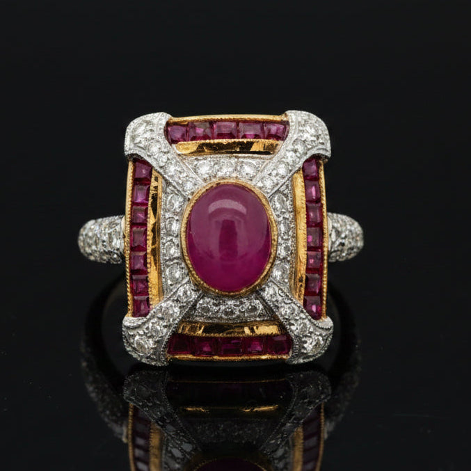 Estate jewelry — Vintage Ruby & Diamond Ring, 3.00 ctw ruby cabochon in 18K yellow and white gold
