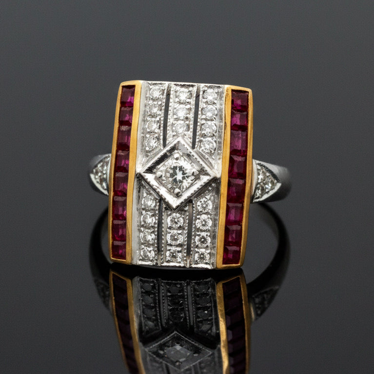 Estate jewelry — Vintage Ruby & Diamond Ring, 1.00 ctw French-cut ruby in 18K two-tone gold
