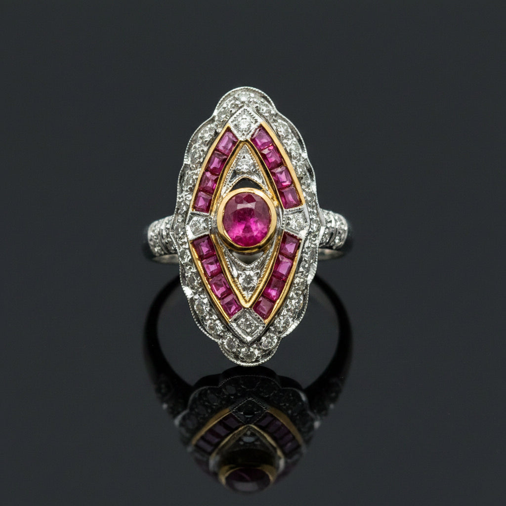 Estate jewelry — A Marquise Line, Cast in Two Golds, ruby and diamond ring in 18K two-tone gold, 0.40 cttw diamonds