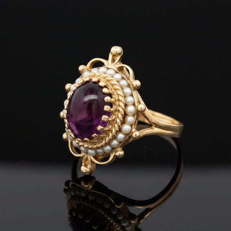 Estate jewelry — Vintage Seed Pearl & Ruby Ring, 5.00 ct cabochon ruby in 10K yellow gold