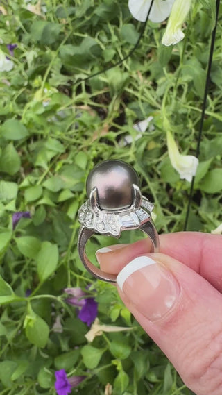 Estate Contemporary 12.50mm Tahitian Pearl and Diamond Platinum Ring — scale view