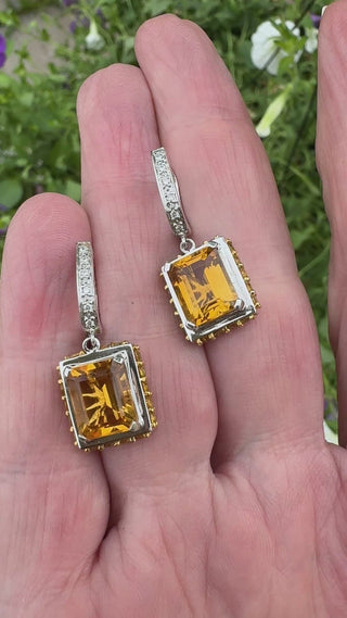 Estate Modern 8.00ctw Citrine and Diamond 14k White Gold Dangle Earring — side view