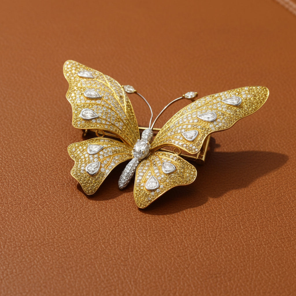 Estate Butterfly Natural Fancy Yellow and White Diamond 18Kt Yellow and White Gold Brooch