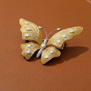 Estate Butterfly Natural Fancy Yellow and White Diamond 18Kt Yellow and White Gold Brooch