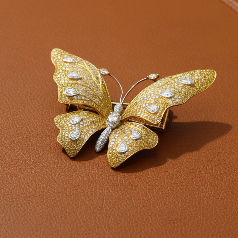 Estate Butterfly Natural Fancy Yellow and White Diamond 18Kt Yellow and White Gold Brooch