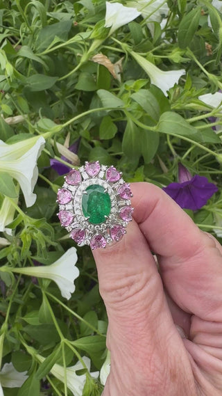 Estate Modern Emerald, Pink, Sapphire, Diamond 18Kt White Gold Ring — detail view