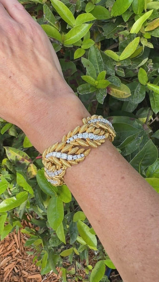 Estate 10.27ctw Diamond Textured Leaf Motif 18K Yellow and White Gold Bracelet