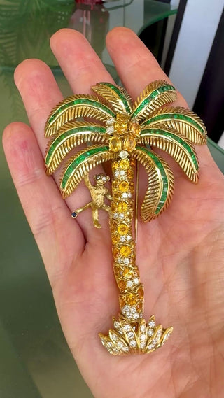 Estate Italian Modern 1980's 18K Yellow God 15.00 ctw Yellow Sapphire, Emerald and Diamond Monkey on Palm Tree Brooch — scale view