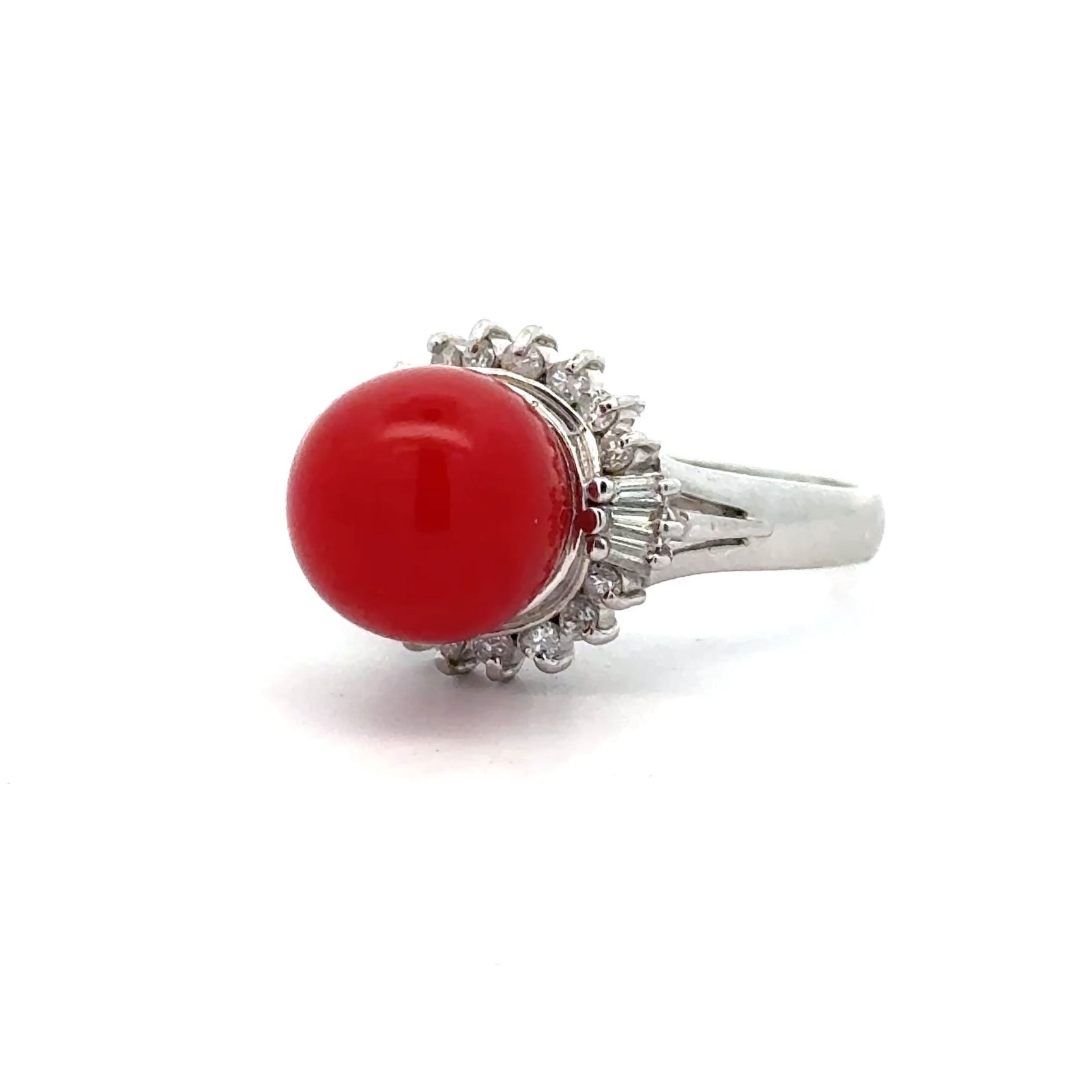 Estate Mid Century Red Coral, Diamond Platinum Ring — reverse view