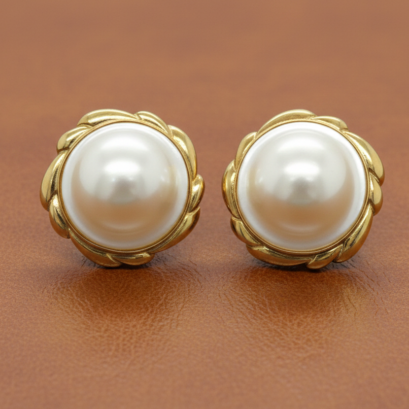 Estate Circa 1990 Mabe Blister Pearl 18K Gold Earrings 13868