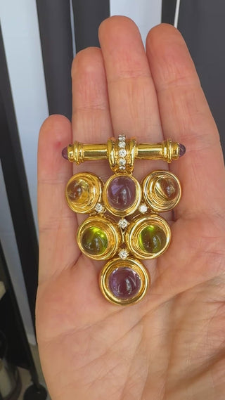 Italian Modern 1980's Geometric Diamond Amethyst, Peridot, Citrine 18k Yellow Gold Brooch — side view
