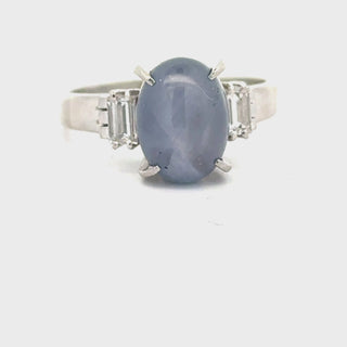 Estate Star Sapphire, Diamond and Platinum 3-Stone Ring — detail view