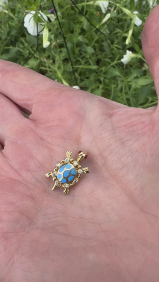Estate Modern Enamel, Garnet, and Diamond 14kt Yellow Gold Turtle Pendant — side view
