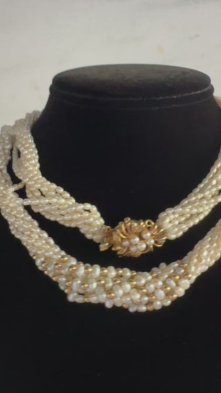 Estate Modern Multi Strand Cultured & Freshwater Pearls 14kt Yellow Gold Necklace — detail view